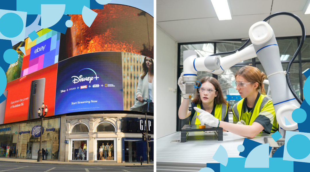 On the left: Picadilly Circus in London, with many large billboards showing brands like Disney Plus, eBay, Vodafone and Hyundai. On the right: a woman demonstating a robotic system to a customer.
