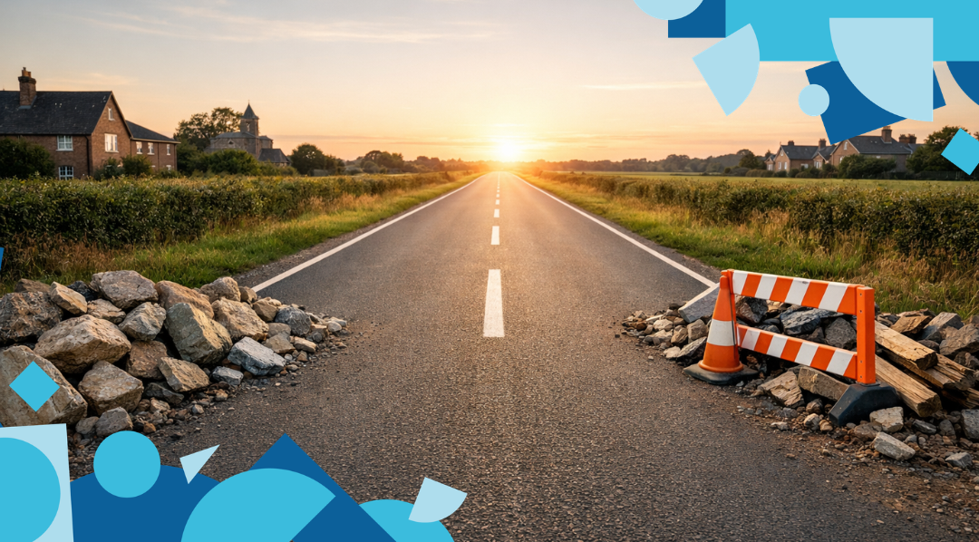 A straight road where obstacles have been cleared to the sides leaving the road ahead clear