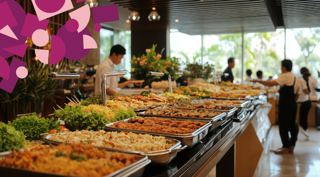 A long buffet with lots of different kinds of food