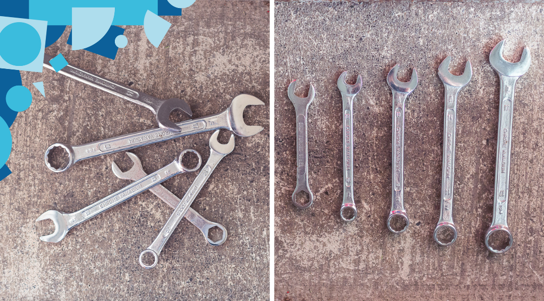 A jumble of spanners on the left: the same spanners neatly arranged on the right